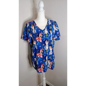 Disney Frozen II Olaf Scrub Top Blue V-Neck Short Sleeve Floral Pockets Womens